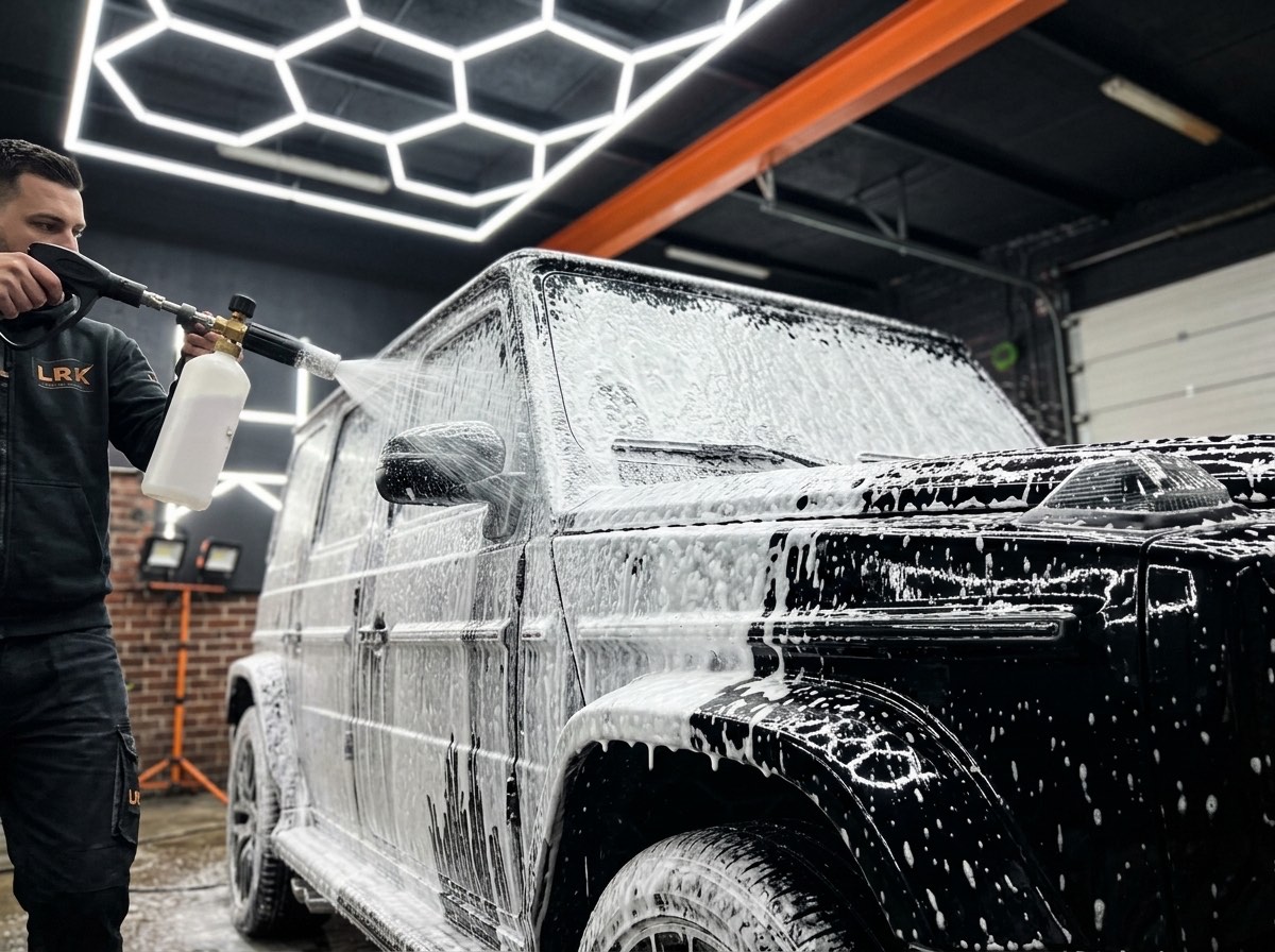 Prélavage mousse sur SUV noir dans l'atelier